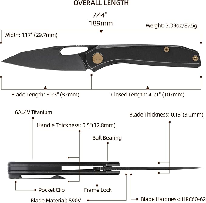 Folding Pocket Knife 3.23 S90V Blade EDC Knife with Titanium Handle Small Pocket Knife with Clip and Frame Lock Sharp Camping Hiking Hunting Survival Knives for Men (Black)