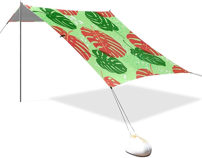 xigua Leaf Beach Tent Sun Shelter with Carrying Bag - Silver Coated Oxford Fabric Beach Canopy for Beach Camping Fishing - Includes Windproof Ropes Sandbags &amp Stakes