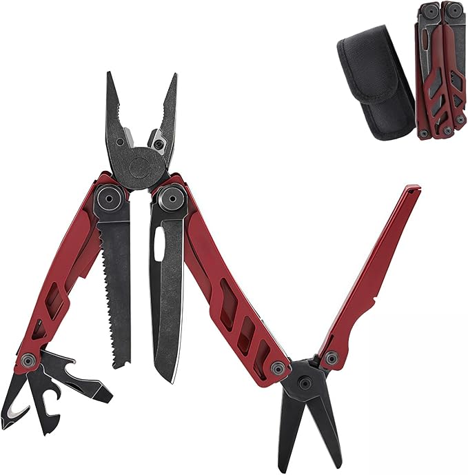 Multitool 16-in-1 Full-Size Lightweight EDC Multi-Purpose Pliers Pocket Knife Scissors Tactical Gear Tools Gifts for Guys Equipment for Emergencies Hiking and Outdoor Camping (Red)