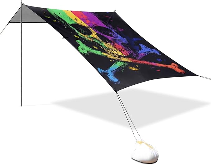 ALAZA Skull Crossbones with Rainbow Color Beach Tent Sun Shelter Portable Canopy Sunshade for Outdoor Camping Picnics Backyard Fun 10x9 ft