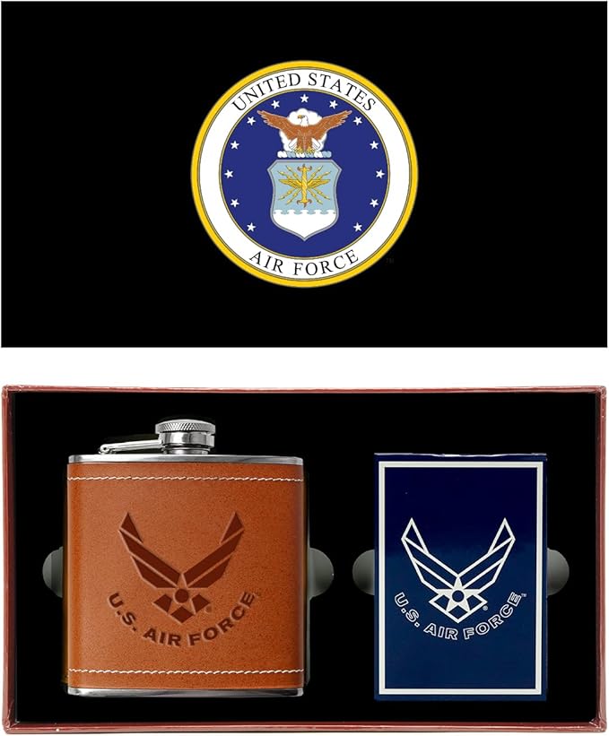 Air Force Flask &amp Cards Gift Set Leather-Wrapped US-Air Force Hip-Flask with Rank Playing-Cards | Disabled Vet Owned Business | USAF Flask-Card-Set