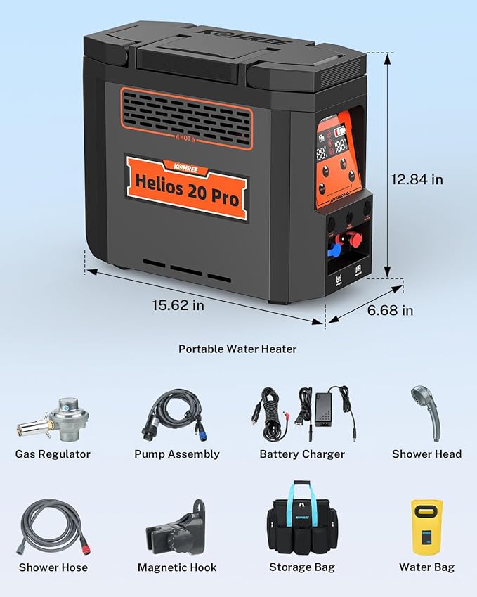 Kohree Helios 20 Pro Portable Water Heater 20000 BTU 4000mAh Rechargeable Battery Shower Pump Propane Water Heater for Outdoor Camping Cleaning