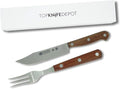 Lodge Steak Knife &amp Fork Set – Serrated Blade – Molybdenum Vanadium Stainless Steel - Layered Oak Wood Handle - Excellent choice for informal or formal BBQs - Set includes 1 Knife &amp 1 Fork