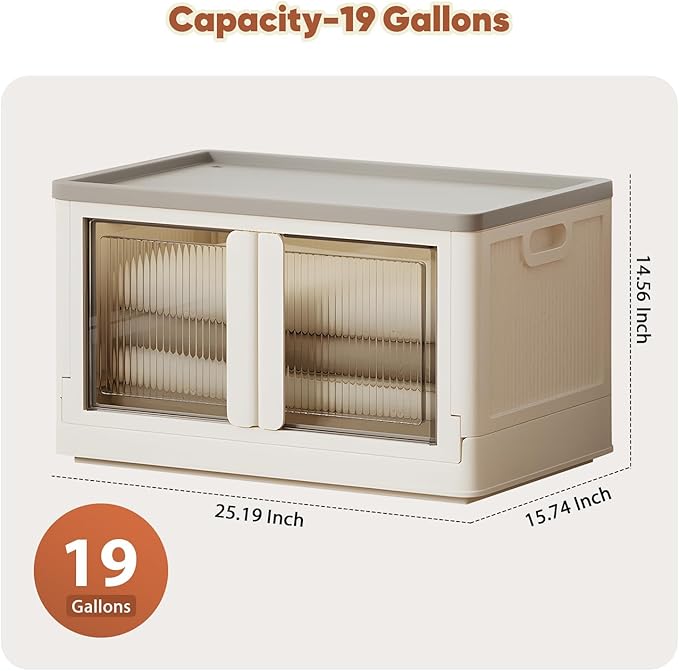 19 Gallon Collapsible Storage Box Folding Storage Cabinet with Door and Wheels Clear Door Dual Open Storage Box for Home 1 Pack