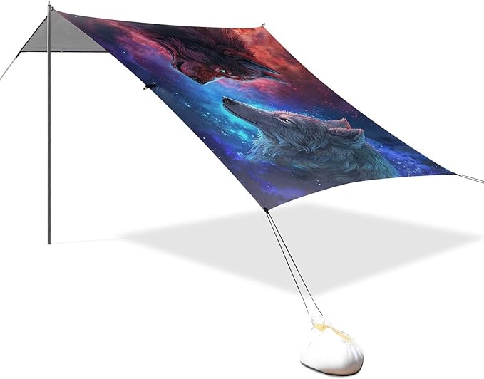 ALAZA Wolves in Galaxy Beach Tent Sun Shelter UPF50+ Protection Beach Shade Canopy w/ 4 Sandbags for Outdoor Camping Fishing Backyard Fun Picnic 10x9 ft