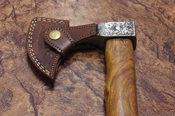High Carbon Steel Voyager Axe Tomahawk Bearded Hiking Battle Axe 14 Inches Long with Rose Wood Round Handle Thick Cow Hide Leather Sheath