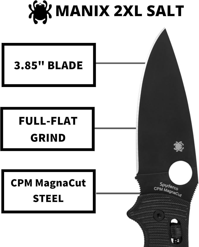 Spyderco Manix 2 XL Salt Folding Knife with 3 Black CPM MagnaCut Steel Blade and G-10 Handle - EDC Knife for Men and Women Perfect for Hunting Tactical Camping Survival - PlainEdge - C95GMCBKP2