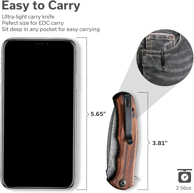 CIVIVI Folding Pocket Knife for EDC Small Mini Praxis Knife for Men Women 2.98 Damascus Blade Guibourtia Wood Handle Sharp Camping Hiking Knives C18026C-DS1