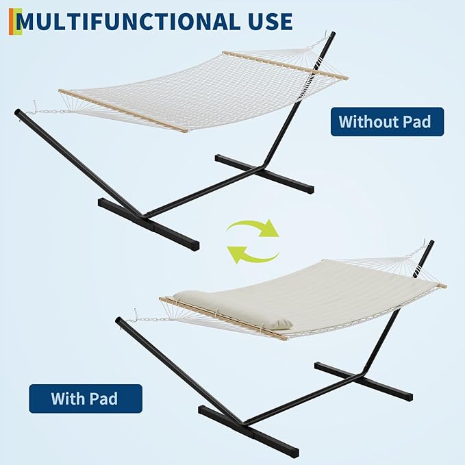 2-Person Hammock Suite with Stand450lbs Capacity 2 Person Cotton Rope Portable Hammock with Polyester Quilted Pad and Pillowfor Garden YardCamping and Patio.White