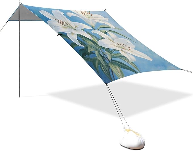 ALAZA White Lily Flowers on Blue Beach Tent Sun Shelter Portable Canopy Sunshade for Outdoor Camping Picnics Backyard Fun 10x9 ft