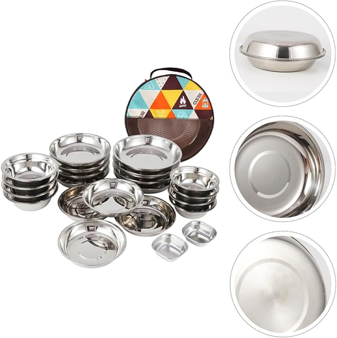 GALPADA Stainless Steel Outdoor Dining with Plates Bowls Cutlery Compact Camping Tableware Kit for Beach BBQ Hiking and Picnic Use