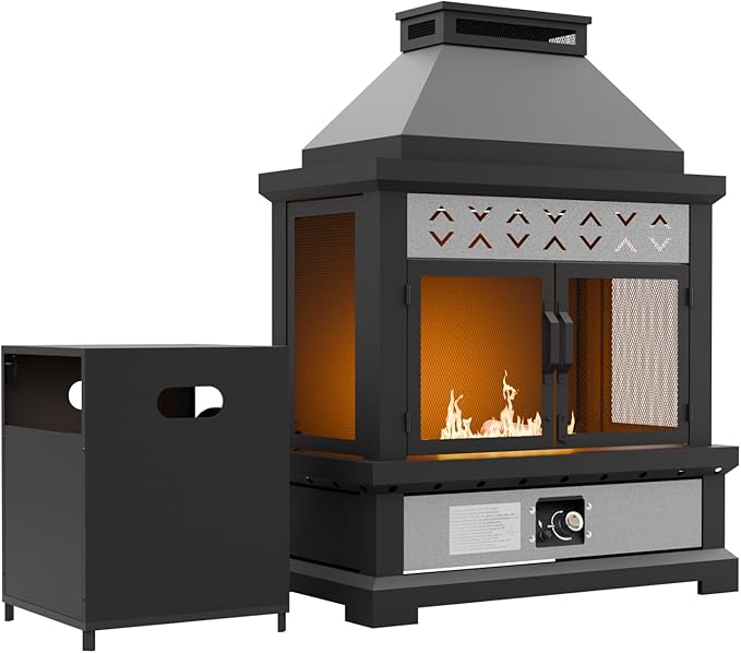 COOS BAY Outdoor Propane Fire Pit 50000 BTU Smokeless Gas Fireplace with Mesh Doors Tank Storage &amp Adjustable Flame for Patio Deck Backyard Black/Gray
