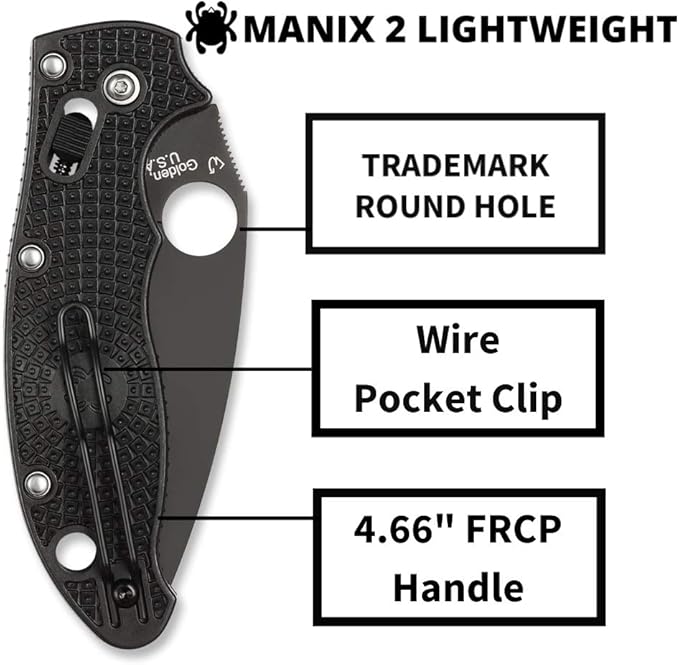 Spyderco Manix 2 Lightweight Folding Pocket Knife with 3.3 CTS BD1N Steel Blade and FRCP Handle - EDC Knife for Men and Women Perfect for Hunting Tactical Camping - PlainEdge - C101PBBK2