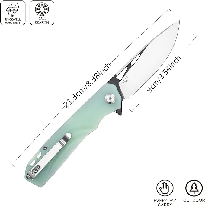 Sitivien ST141 Folding KnifeD2 Steel Blade G10 Handle Pocket Knife EDC Tool Knife for Survival Hiking Camping Fishing(Jade)