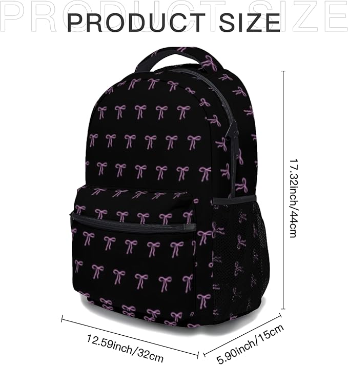 Cute Bow Backpack for Girls Lightweight School Backpack with Front Pocket &amp Side Mesh Black Pink Pattern Bookbag for Elementary Middle School Students Back to School Daily Use