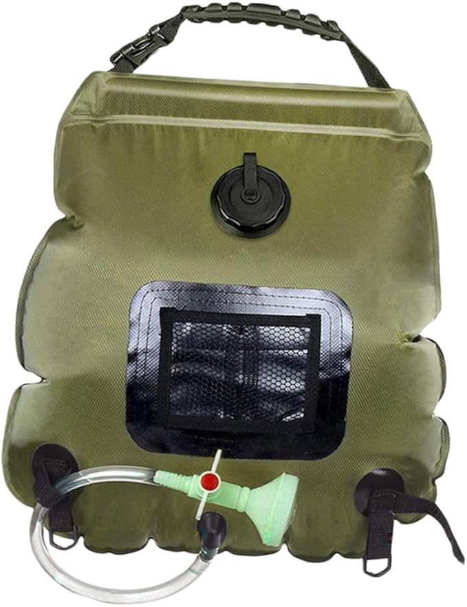Portable Solar Camping Shower Bag with Nozzle Outdoor Water Storage for Hiking Beach and Traveling Olive Green for Camping Fishing and Picnics