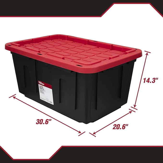 MioeDi 27 Gallon Stackable Snap Lid Plastic Storage Bin Container Black with Red Lid Set of 4 Black/Red