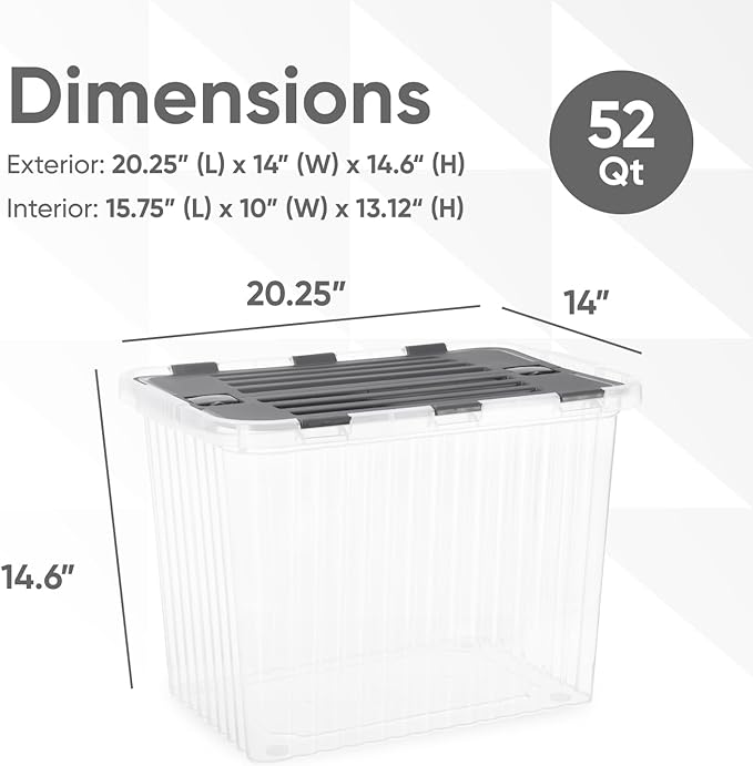 Superio Storage Bins with Lids- Clear Boxes for Organizing Stackable Plastic Containers- BPA Free Non-Toxic Odor Free Organizer for Home Office Dorm 53 Quart (6 Pack 20.25x14x14.6)