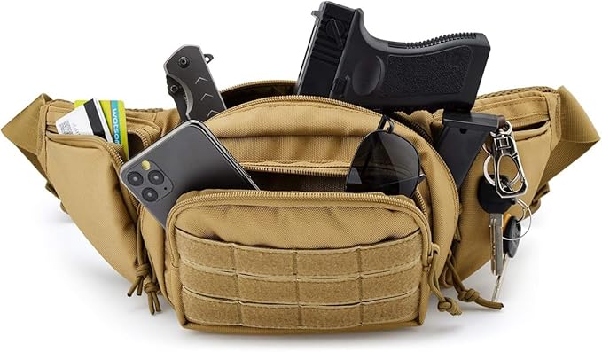 Tactical Fanny Packs pistol waist bag with adjustable waist belt zipper pocket perfect for fitness travel outdoor running and hunting. (Khaki One Size)