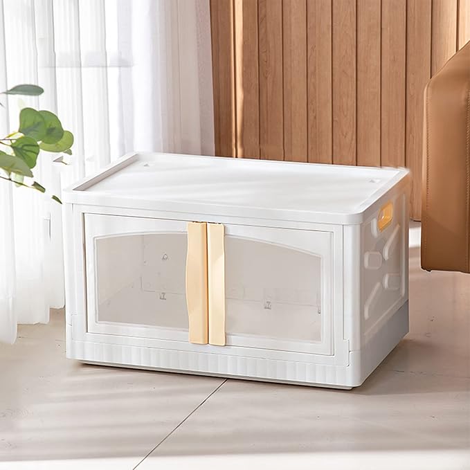 Folding and Stackable Container with Doors and Handles | Storage Container | Storage Organizer | Storage Totes | Trunk Organizer 72 Liter Set of 2 White&ampCream Handle