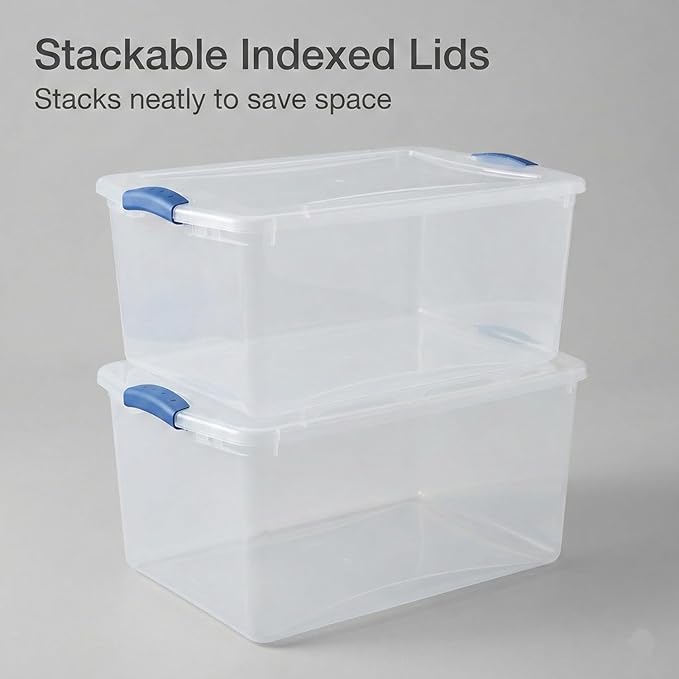 66 Qt Storage Bins with Lids 2 Pack Large Clear Plastic Storage Containers with Secure Blue Latches Stackable Clear Totes for Sports Equipment