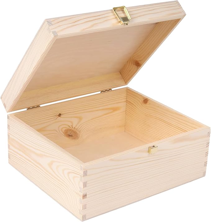 Creative Deco Wooden Storage Box Unpainted Plain | 11.41 x 9.84 x 5.51 in | Golden Latch &amp Lid | Perfect for Storing Valuables &amp Small Items in the Office or Bedroom | Keepsake Memory Trinket
