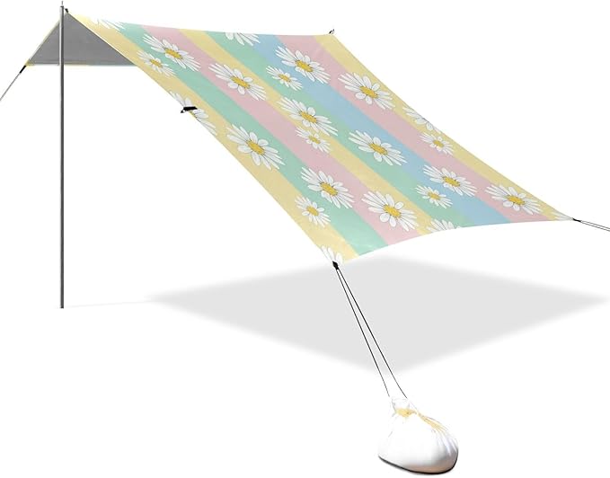 xigua Daisy Beach Tent Sun Shelter with Carrying Bag - Silver Coated Oxford Fabric Beach Canopy for Beach Camping Fishing - Includes Windproof Ropes Sandbags &amp Stakes