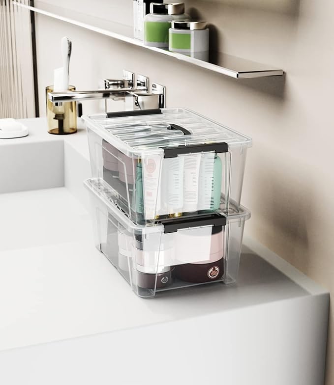 WYT 12 Pack Small 5-Quart Clear Plastic Storage Bins with Lids and Latch Buckles Storage Organizer Container with Handle