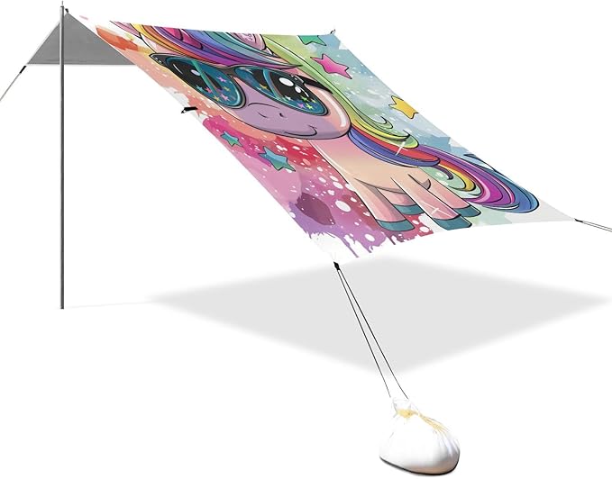ALAZA Unicorn Horse with Rainbow Sparkles Star Beach Tent Sun Shelter Portable Canopy Sunshade for Outdoor Camping Picnics Backyard Fun 10x9 ft