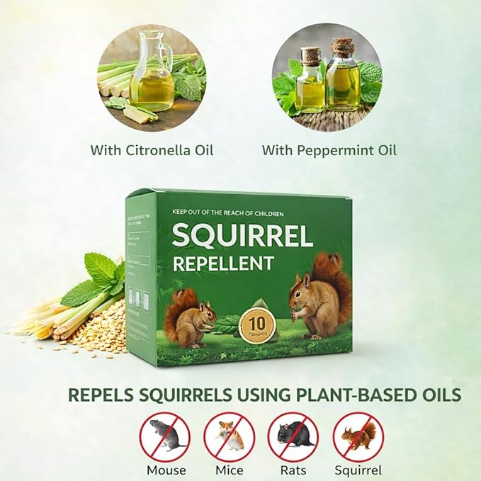 Extra-Strength Squirrel Repellent Natural Mint Chipmunk Deterrent for Outdoor Use Helps Keep Squirrels Out of Attics Car Engines Gardens &amp Yards 10 Pouches