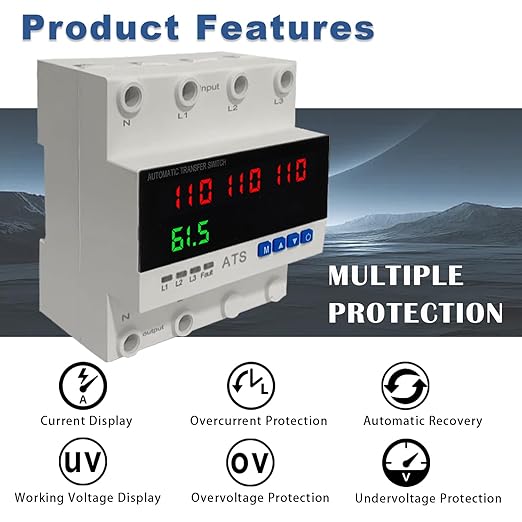 4P Automatic Transfer Switch with LCD Display 63A Triple Power ATS with 4 Digital Displays for Input &amp Output Real-Time Volrage Monitoring Automatic Changeover for Utility/Generator/Solar