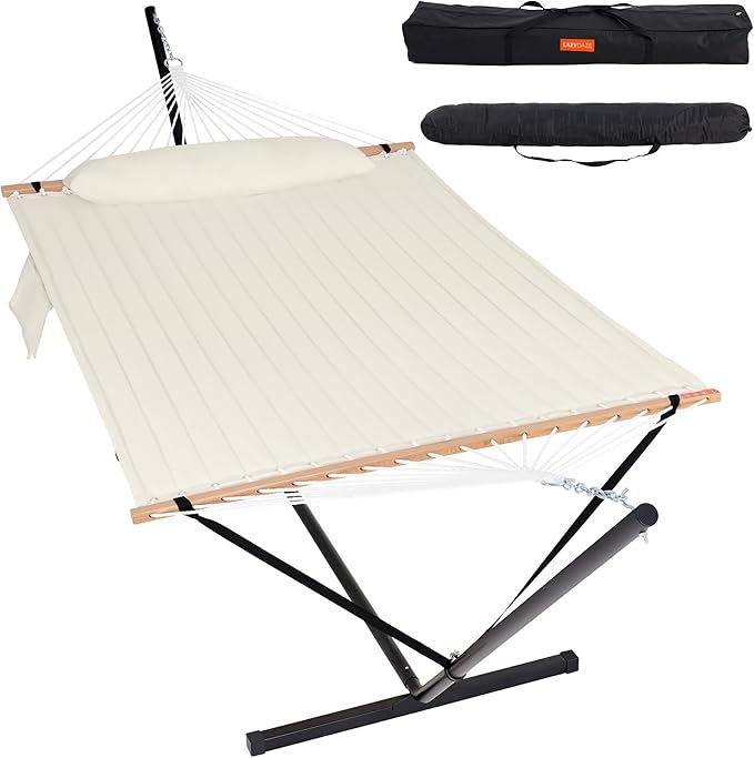 Lazy Daze Hammocks 2 Person Portable Hammock with 12FT Stand for Outside Quilted Double Hammock with Spreader Bar and Detachable Pillow 450lbs Capacity Perfect for Outdoor Patio Natural