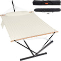 Lazy Daze Hammocks 2 Person Portable Hammock with 12FT Stand for Outside Quilted Double Hammock with Spreader Bar and Detachable Pillow 450lbs Capacity Perfect for Outdoor Patio Natural