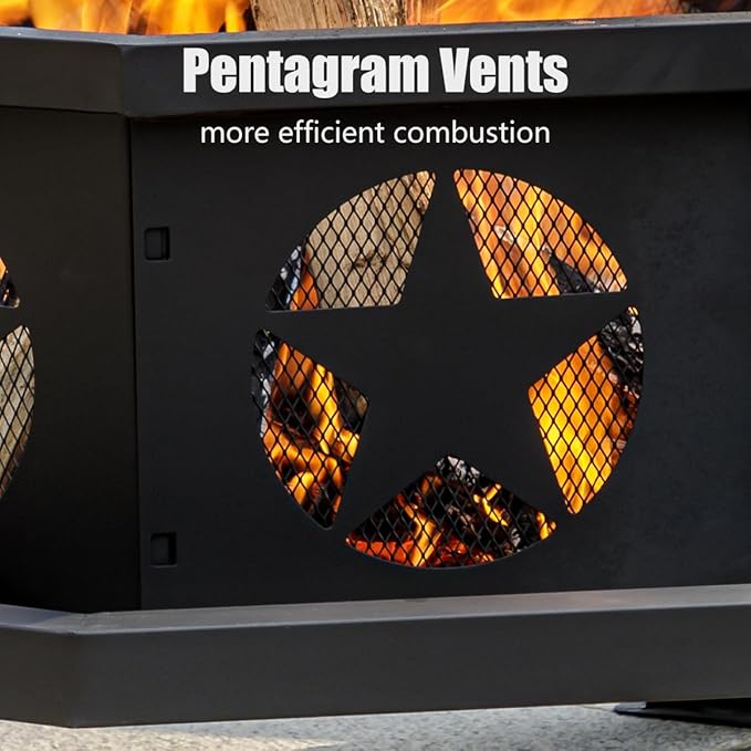 Panovue 35 inch Fire Pit for Outside Heavy Duty Wood Burning Fire Pits with Fire Poker Outdoor Octagonal Firepit for Camping Yard Patio