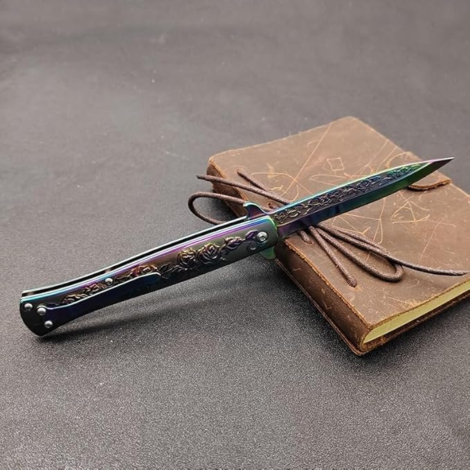 Folding Knives with 3D relief rose pattern 3.6 8Cr14Mov Steel Blade 8Cr14MovHandle Liner Lock Knife with Clip for Outdoor Camping Fishing Hunting (A1)