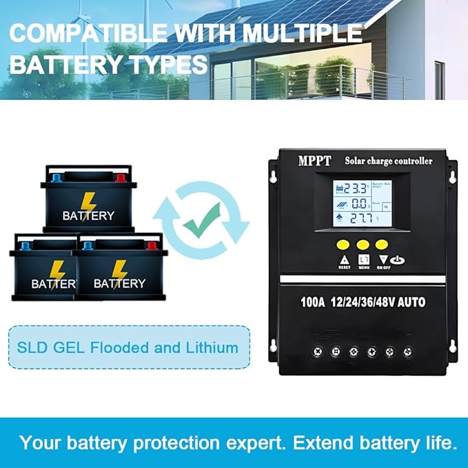 100A MPPT Solar Charge Controller 12V 24V 36V 48V LCD Display Battery Intelligent Regulator Max 100V Input Dual USB for Lead-Acid/Lithium