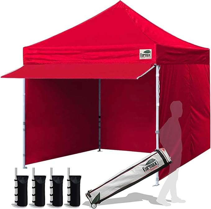 Eurmax USA 10x10 Pop Up CanopyCommercial Tent with Patented No-Tip Rolling Bag24sqft Extension Awning &amp 4 Zippered Removable WallsUV &amp Water ResistantHeavy Duty Instant Shelter GazeboRed