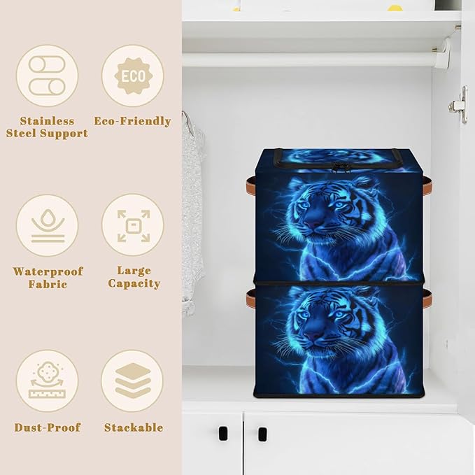 Blue Tiger Storage Box with Lid Cool Powerful Animals Collapsible Storage Bins Baskets Cubes Closet Shelf Clothes Organizer Containers with PU Leather Handles