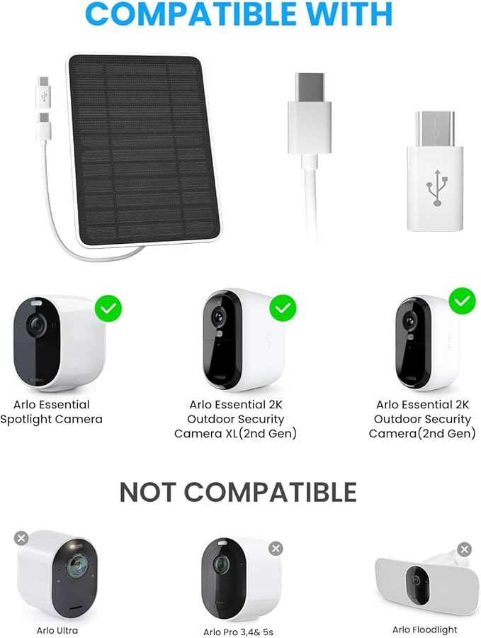 Solar Panel Charger Compatible with Arlo Essential 2K Outdoor(2nd Gen)/Essential XL Camera(2nd Gen)/Essential Spotlight 5W Solar Panel with IP65 Waterproof 10ft Micro USB-C Cable &amp Wall Mount 3