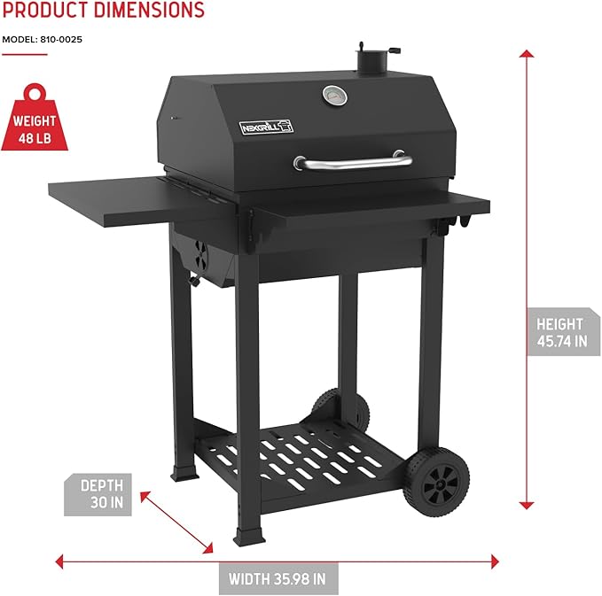 Nexgrill 22 Barrel Charcoal Grill with Side Shelf 550 SQ In Cooking Space Adjustable Chimney Air Dampers Temperature Gauge Warming Rack Smoker Grill for Camping Picnics and More - 810-0025
