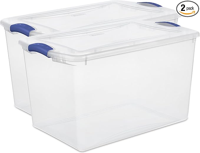 2 Pack 66 Quart - Large Clear Plastic Storage Bins with Blue Latch Stackable Container Boxes for Home and Office Organization