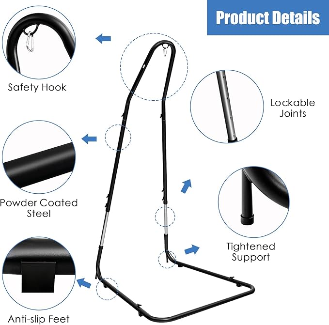 Moccha Adjustable Hammock Stand Height Adjustable C Stand Outdoor Solid Steel Heavy Duty Stand Outdoor &amp Indoor Arc Hanging Hammock Stand for Hammock Air Porch Swing Chair 77 to 93