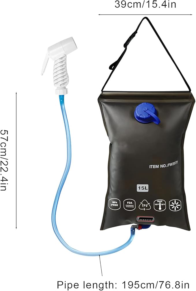Outdoor Foldable Shower Bag Portable 15L with Shower Nozzle for Camping Beach Swimming