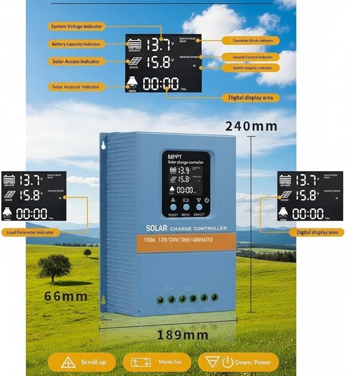 Solar Charge Controller 150A 12V 24V 36V 48V Intelligent Recognition LCD Display Battery Intelligent Regulator Maximum 100V Input Dual USB for Lead Acid/Lithium Battery (SA150A)