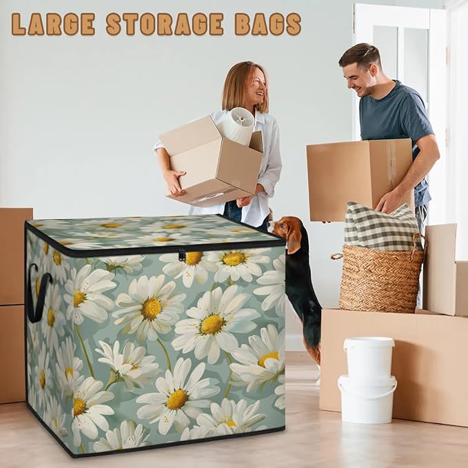 XL Large Clothes Storage with Lid Handle Cute Floral Large Thick Clothes Blanket Storage Containers for Organizing Bedroom Closet Comforter Organization Storage White Daisy Flower
