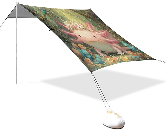 ALAZA Salamander Axolotl Animal Beach Tent Sun Shelter UPF50+ Protection Beach Shade Canopy w/ 4 Sandbags for Outdoor Camping Fishing Backyard Fun Picnic 10x9 ft