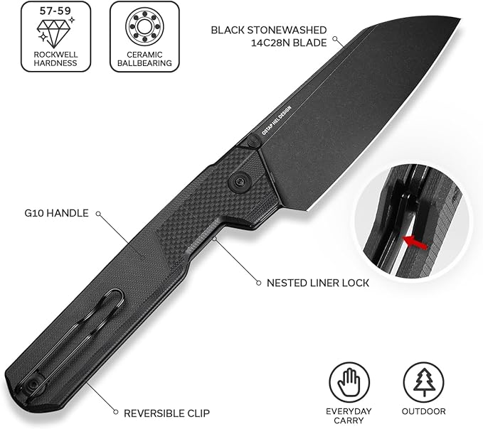 CIVIVI Hid Folding Pocket Knife 4.14 Sharp 14C28N Blade G10 Handle Nested Liner Lock Kitchen Knife with Thumb Stud Opener Ideal for Outdoor Use Camping Hiking and EDC C23008-1 Black