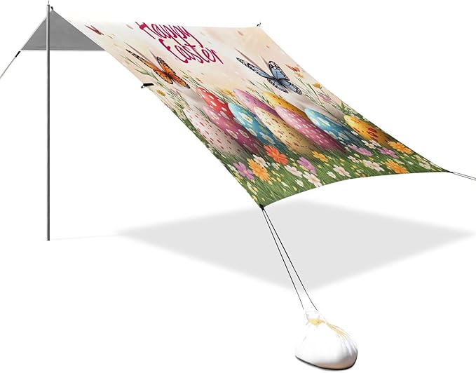 Easter Eggs Spring Meadow Beach Tent Sun Shelter Set UPF50+ UV Protection 10.5 x 9.19 FT Camping Shade Canopy with Sandbags Sand Anchors Carrying Bag and Others