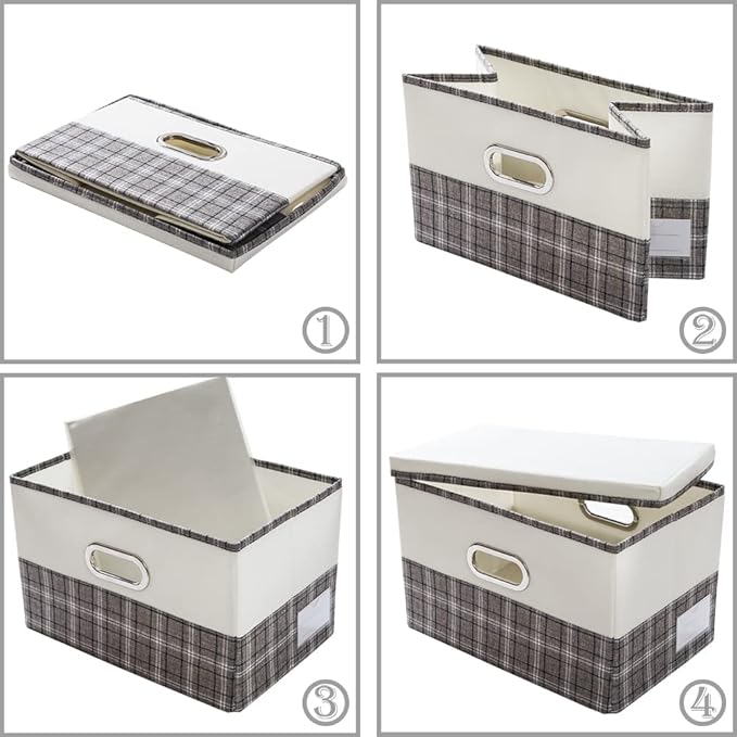 PRANDOM Collapsible Storage Bin with Lid [3-Pack] Fabric Foldable Storage Box Organizer Container Basket Cube with Cover for Home Bedroom Closet Office Nursery Gray plaid &amp Cream(14.9x9.8x9.8)