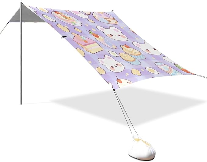 Cute Cartoon Blue Foldable Beach Canopy UPF50 Lightweight Shade Sun Shelter with Sandbags and Shovel for Backyard and Camping